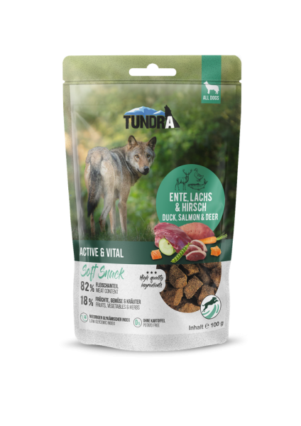 Tundra Dog Snack Active & Vital Ente, Lachs, Wild 100g Beutel