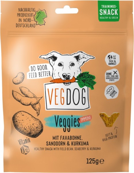 VEGDOG VEGGIES immune Hundeleckerli mit Favabohne, Sanddorn & Kurkuma Beutel