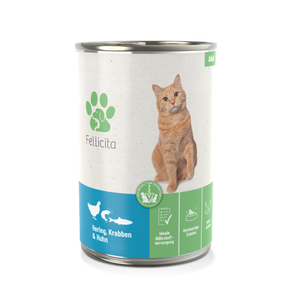 Fellicita Nassfutter Katze Hering, Krabben & Huhn, 400g Dose