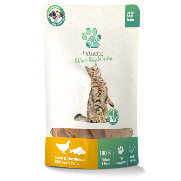 Fellonis Fleischstreifen Huhn & Flussbarsch, für Katzen und Hunde, 50 g